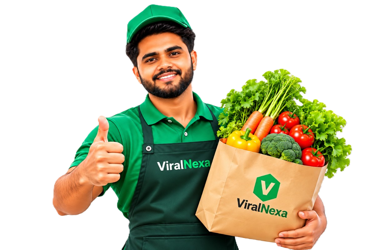 ViralNexa grocery delivery champion holding fresh vegetables